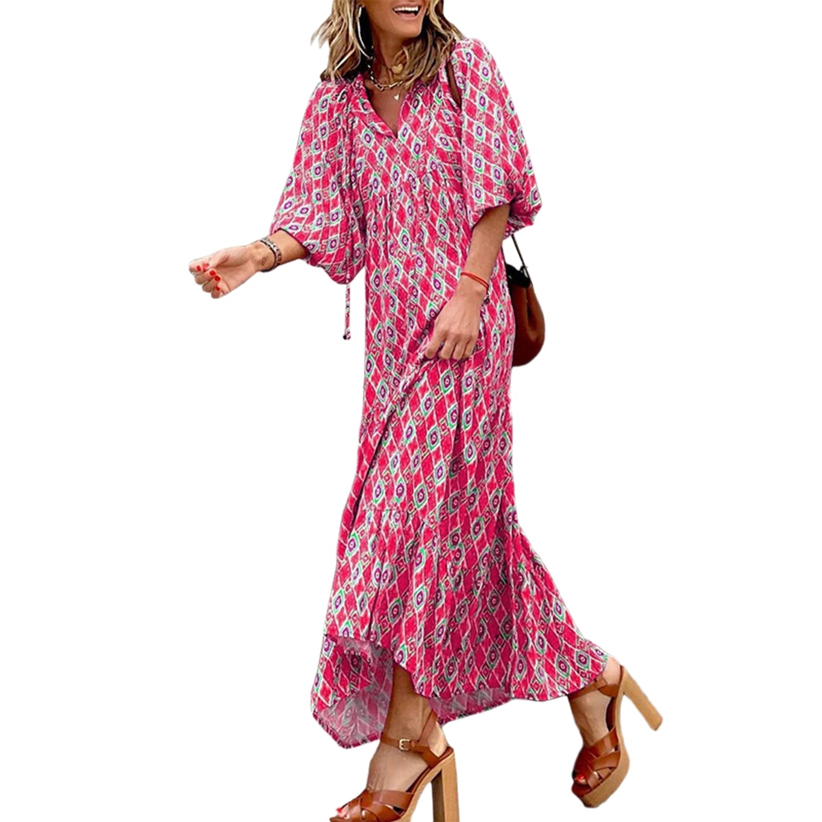 Women Vintage Bohemian Printing Beach Dress Fashion Bubble Sleeves V-Neck Long Dress Spring Summer Female Casual Loose Dresses