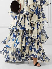 Hoobd Elegant Women's Printed Vestidos Sleeveless Neck-mounted Female Formal Wear Aesthetic Layered Ruffled Hem Evening Party Dresses