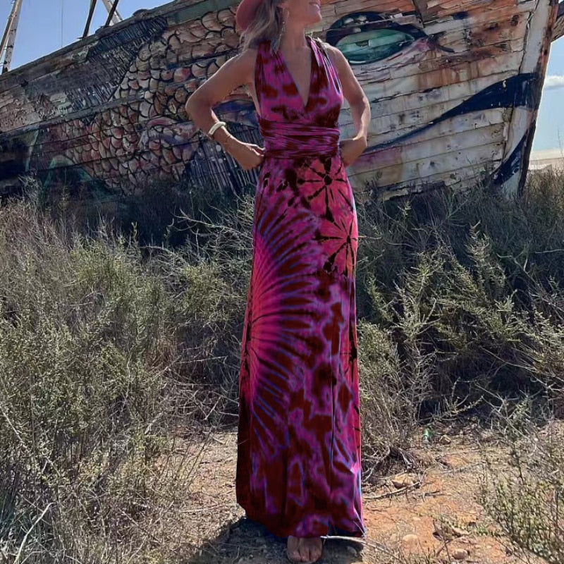 Hoobd2023 Casual Summer Women Dress DIY Wearing Tie Dyeing Printing Fashion Sleeveless Dresses Sundress Beach Style Dresses