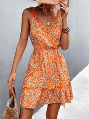 Hoobd Summer Boho Floral Dress Women V Neck Ruffle Short Dress Party Print Flower Spaghetti Strap Dresses For Women 2023