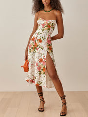 Hoobd Summer Dresses For Women Elegant Vintage Floral Print Dress Sweetheart Neck Spaghetti Strap Midi Dress With Slit Sundress