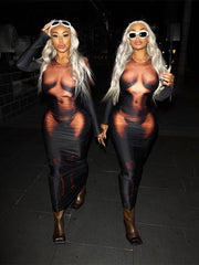 Y2K 3D Body Print Maxi Dress Women Aesthetic Long Sleeve Unique Sexy Body-Shaping Attirewear Robe Party Clubwear Clothing