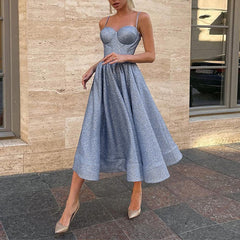 Hoobd Sexy Sling Strapless Puffy Princess Dress Fashion Sleeveless High Split Party Evening Dress Women Solid Lace Slim Elegant Dress