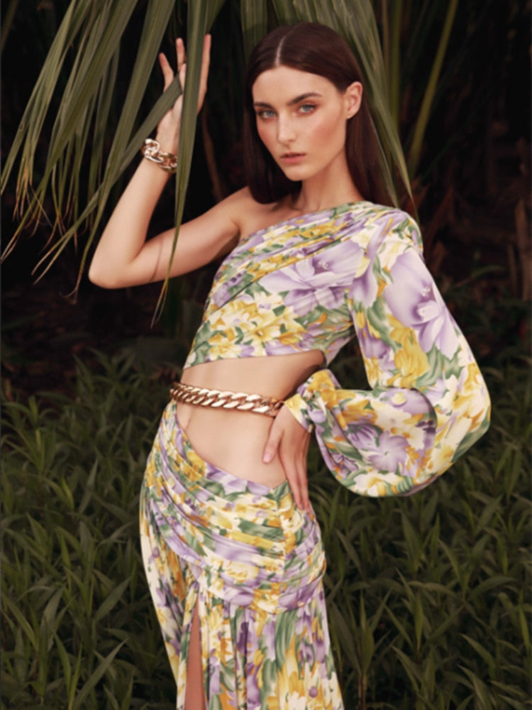 Sexy Slanted One Shoulder Slim Chain Floral Maxi Dress
