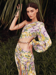 Sexy Slanted One Shoulder Slim Chain Floral Maxi Dress