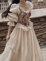 Hoobd French Vintage Print Floral Dress Women O-neck Elegant Evening Party Midi Dress Female Puff Sleeve Korea Fairy Dress Autumn