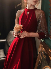 Red patchwork Korean style sequin dress