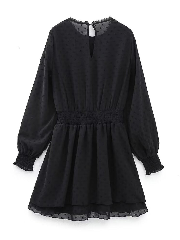 New Spring Women Ruffled Dotted Black  Dress Long Sleeve Elastic Waist Female Vintage Dresses Short Vestidos