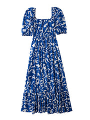 Summer Dresses 2024 Fashion Women Clothing Ruffle Hem Elegant Midi Dress Crossover V Neck Short Puff Sleeve Print Casual Dress