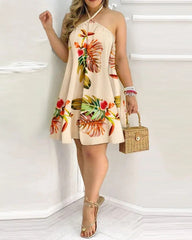 Hoobd Spring Summer Fashion Women&#39;s Dress Sexy Off Shoulder Neck Strap Loose Dress Stripe Flower Print All Season Mid Length Dress
