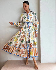 Hoobd2023 Autumn New Print Holiday Women Beach Dress With Belts A-line Long Lantern Sleeve Single Breasted Lapel Seaside Dresses Robe
