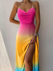 New In Spring Summer European American Women Clothes Dress Suspenders Printed and Dyed Tall Waist Long Dresses for Women