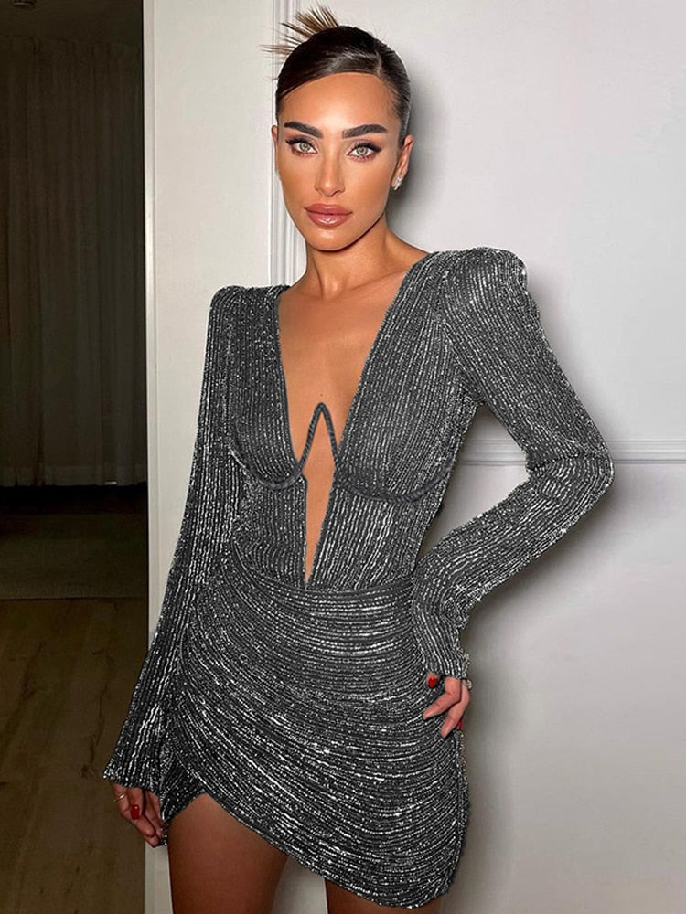 Hoobd Elegant Long Sleeve Bodycon Mini Dress For Women Deep V Neck Sexy Ruched Party Club Evening Dresses Autumn Female Clothes