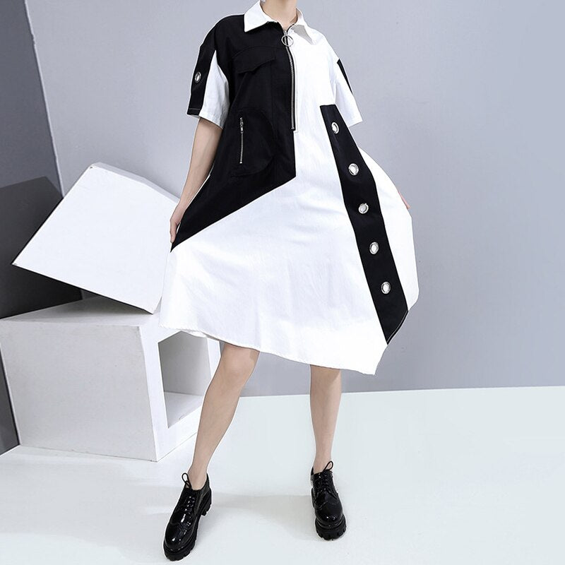 Holes Contrast Color Design Black White Patchwork Woman Summer Casual Asymmetrical Shirt Dress Big Size Loose Fit Style LLMD004