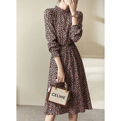 Floral Printed Midi Dress for Women 2023 Spring Autumn Fashion Ruffled Collar Long Sleeve Belted Vintage Elegant Dresses