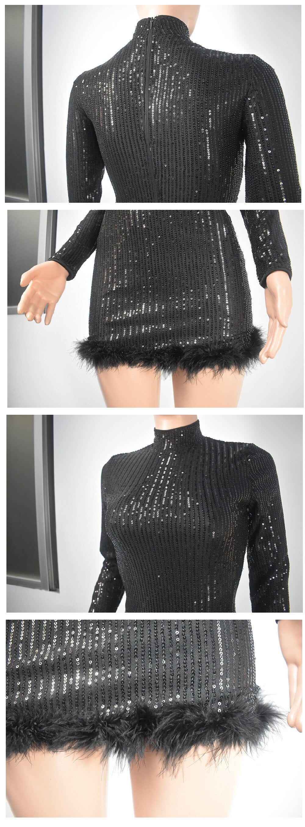 Fashion Sexy Bodycon Birthday Party Dress for Women 2023 Spring Long Sleeve Feather Sequins Short Evening Dresses Black Red
