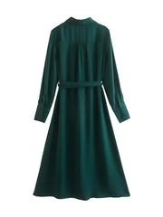 2023 New Spring Women With Blet Green Satin Shirt Dress Long Sleeve Female Midi Vestidos