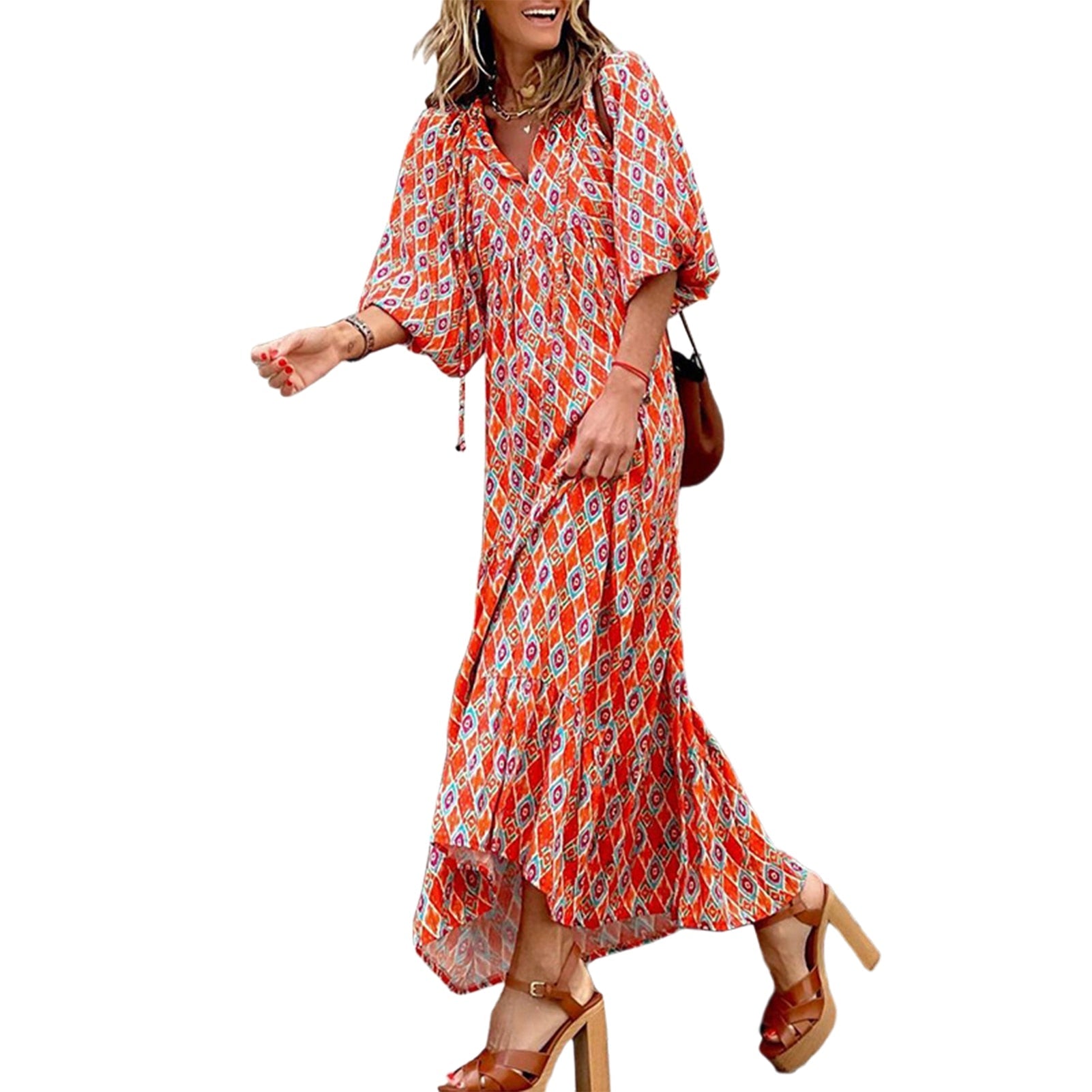 Women Vintage Bohemian Printing Beach Dress Fashion Bubble Sleeves V-Neck Long Dress Spring Summer Female Casual Loose Dresses