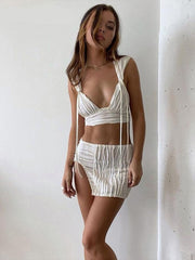 Hoobd Summer Beach Sexy Skirts Set Women Y2K Jacquard Knitted 2 Piece Sets Tank Tops And Split Mini Dress Vacation