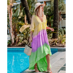 Fashion Patchwork Irregular Dress Women's Summer Sexy Deep V Neck Loose Maxi Dresses Half Sleeve Folds Beach Vacation Vestido