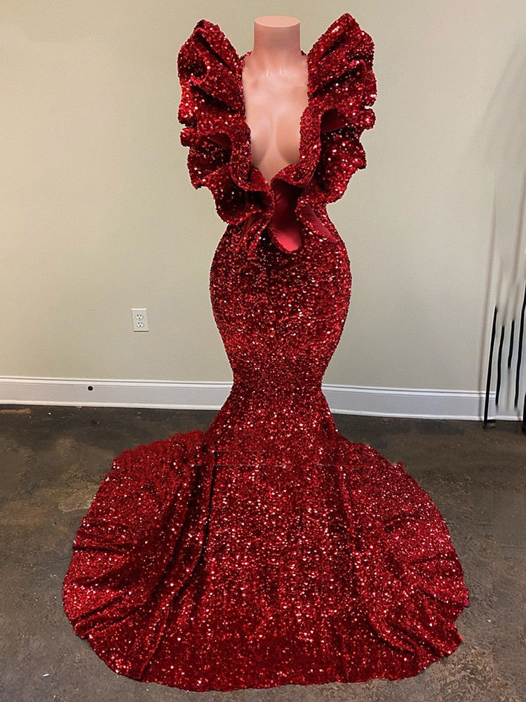 Hoobd Burgundy Sequin Long Mermaid Prom Dresses 2023 Black Girl Ruffles V-Neck Sleeveless Formal Evening Gown for Wedding