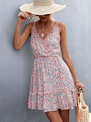 Hoobd Summer Boho Floral Dress Women V Neck Ruffle Short Dress Party Print Flower Spaghetti Strap Dresses For Women 2023