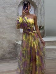 Elegant Tie-dye Print Dress Women  Fashion Oblique Shoulder Pleated Long Dresses 2023 Summer Autumn Lady Party Evening Vestidos