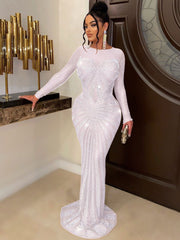 Hoobd Sexy Rhinestones Floor-length Evening Dresses Luxury Elegant Women's O-neck Long Sleeve See-through Mesh Night Club Long Dress