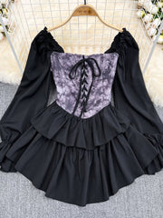 Hoobd Early Autumn Dress Retro Gothic Women White Black Bandage Mini Dress Sexy Off Shoulder Puff Sleeve Korean Vestidos