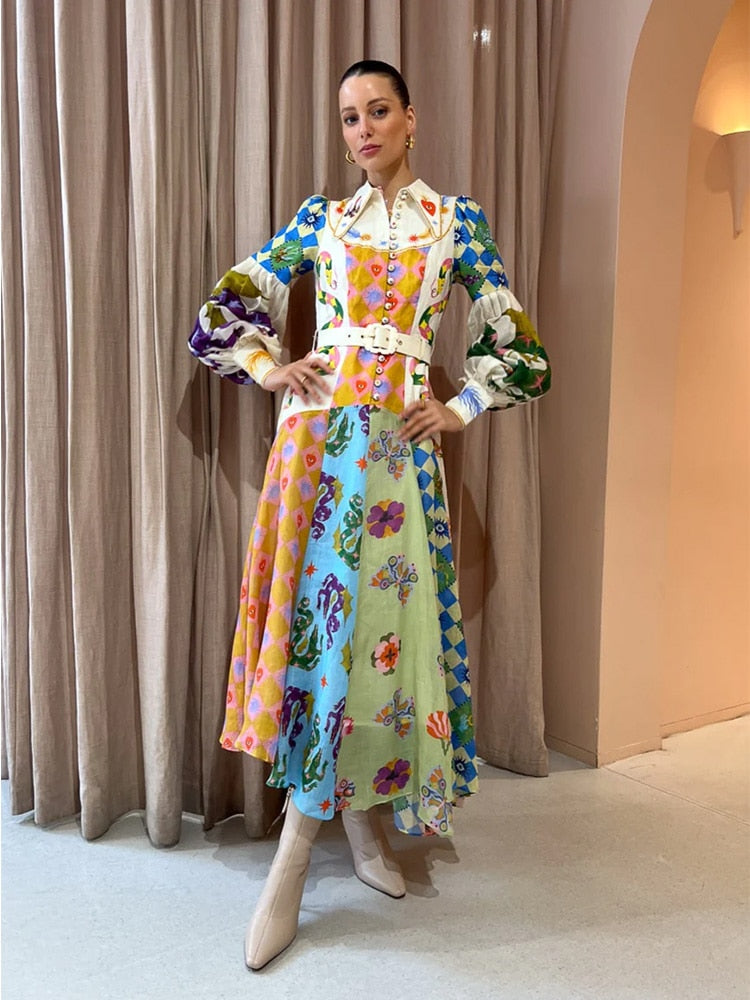 Hoobd2023 Autumn New Print Holiday Women Beach Dress With Belts A-line Long Lantern Sleeve Single Breasted Lapel Seaside Dresses Robe