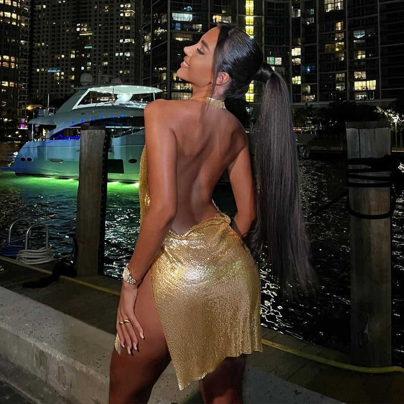 Hoobd Summer Clothes Bling Glitter Women Halter Mini Dress Side Slit Backless Bodycon Sexy Streetwear Party Club Festival