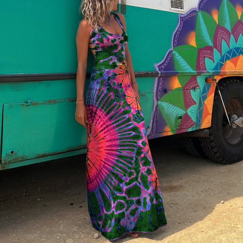 Hoobd2023 Casual Summer Women Dress DIY Wearing Tie Dyeing Printing Fashion Sleeveless Dresses Sundress Beach Style Dresses