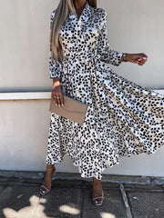 Women Casual Loose Commuter Dresses Spring Long Sleeve Vintage Print Boho Maxi Dress Fashion Lapel Chic Lace Up Party Dress