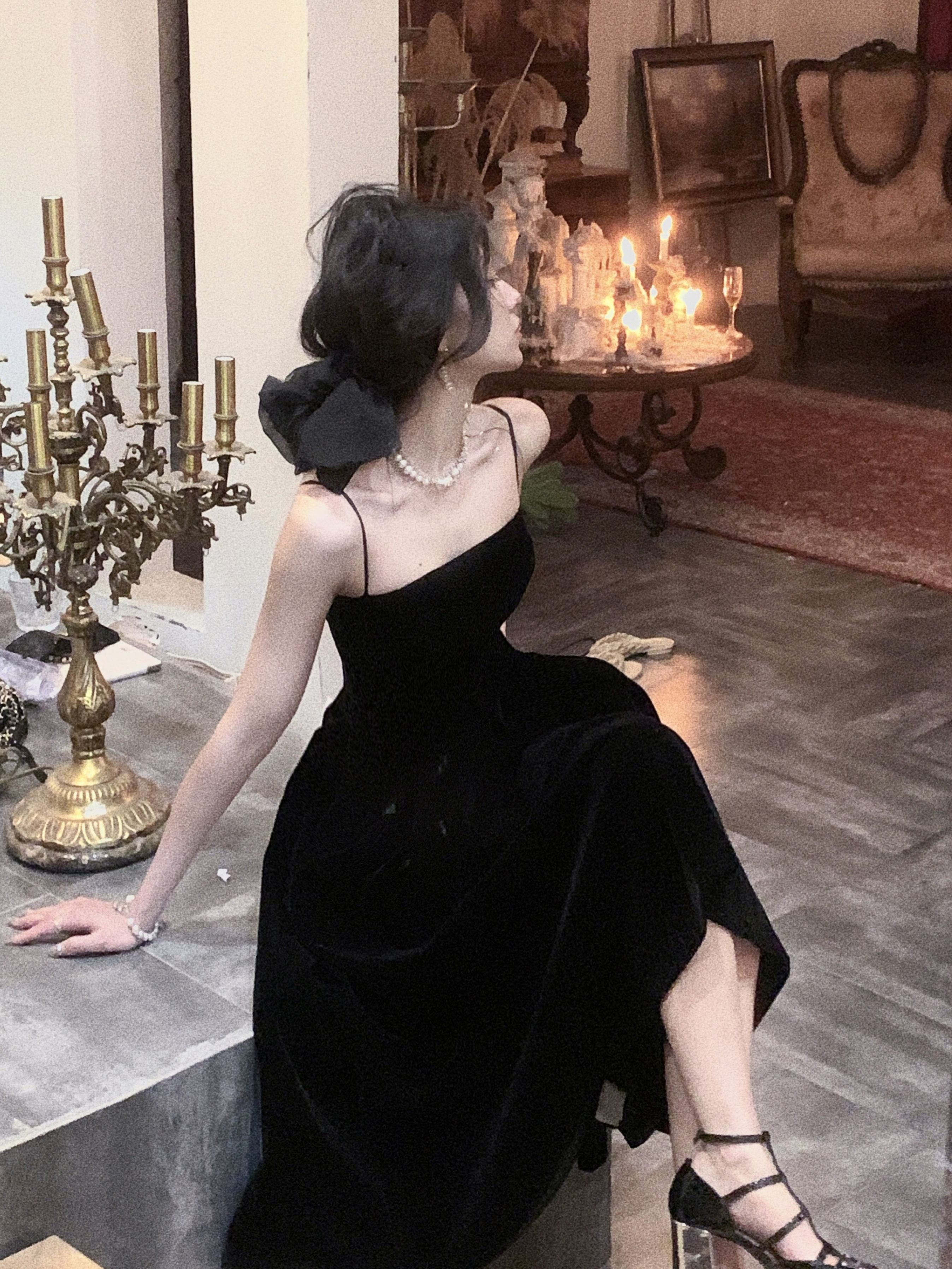 Hoobd Summer Women Elegant Spaghetti Strap Midi Black Velvet Dress Sexy Prom Evening Party Birthday Club Fashion Clothing
