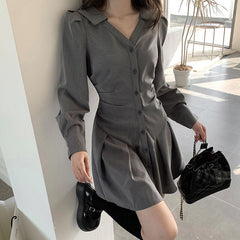 Chic Long Sleeve Single-breasted Women Shirt Dress 2023 Autumn V Neck Pleated Mini Dresses Korean Gray Slim High Waist Vestidos