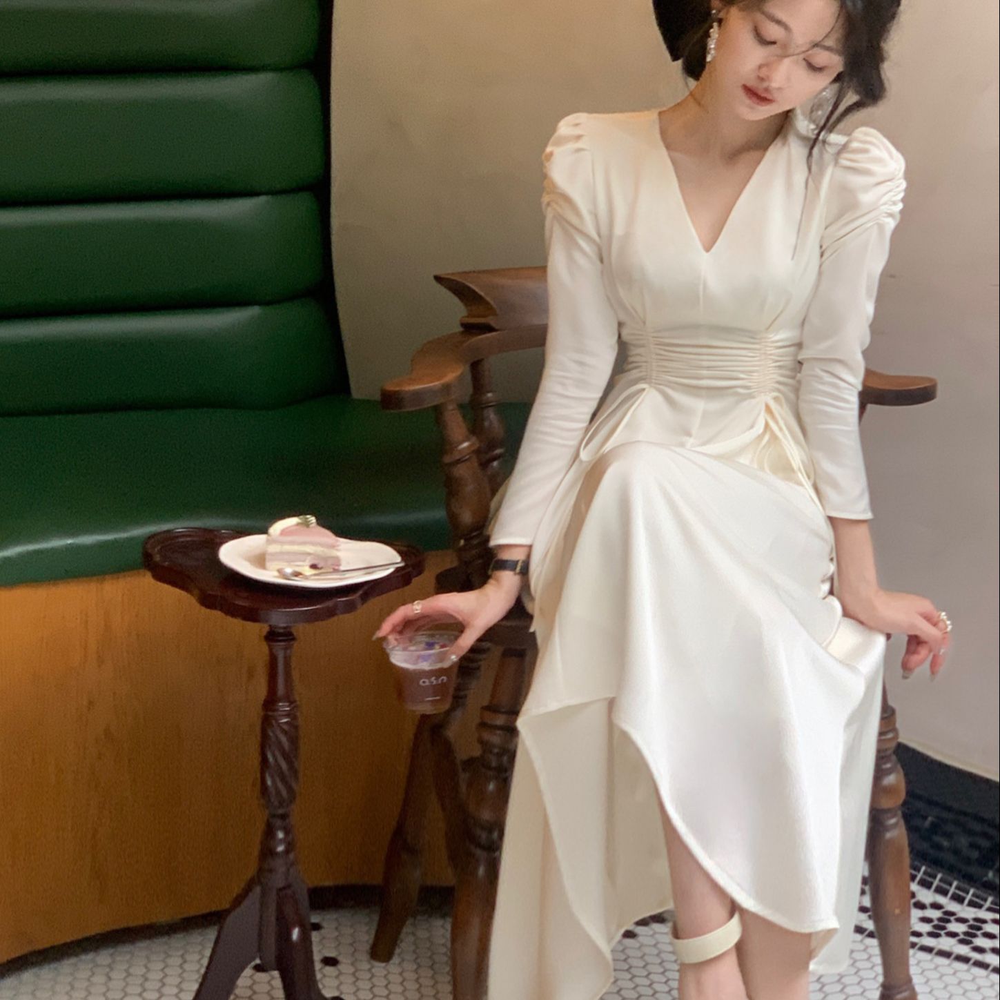 Hoobd New Women Elegant Midi Satin Dress Long Sleeve Party Vestidos One Piece Drawstring Slim Spring Clothes