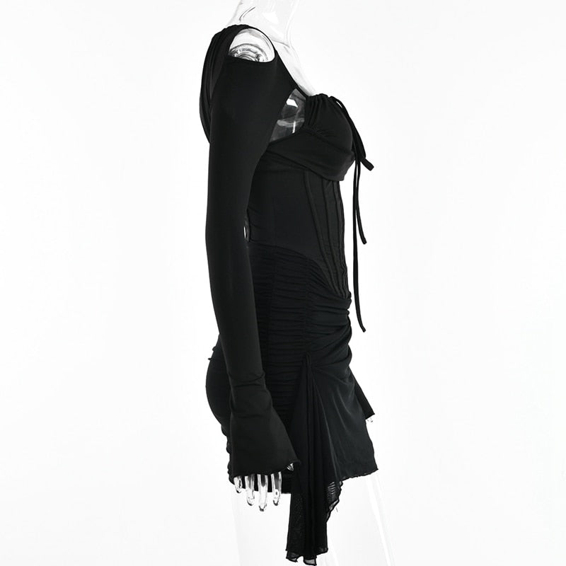 Hollow Out Spaghetti Strap Dresses Women Sexy High Waist Long Sleeve Party Outfits Solid Backless Black Fishbone Dress