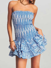 Hoobd off shoulder dress for women strapless smocked bodice embroidered mini summer dress new cotton summer dress party