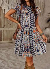 Fashion Elegant Ladies Long Dresses 2023 Summer Round Neck Short Sleeve Printed Party Dress Boho A-line Beach Dress for Women