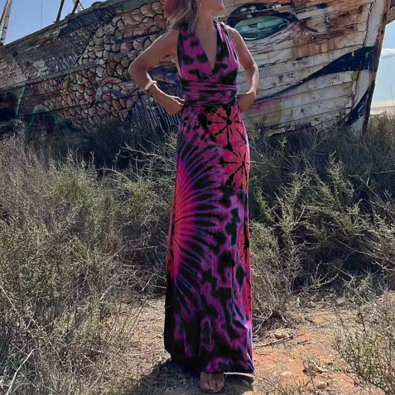 Hoobd2023 Casual Summer Women Dress DIY Wearing Tie Dyeing Printing Fashion Sleeveless Dresses Sundress Beach Style Dresses
