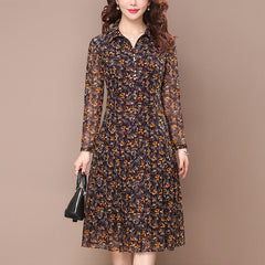 Long Sleeve Dress Women Floral Print Elegant Turndown Collar Summer Female Clothing Slim All-match Casual Button Midi Dress Robe