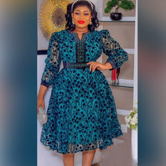 Floral Print Dresses Women Long Sleeve Elegant A-line Dress With Belt Fashion Evening Party Dresses Africa Female 2023 Summer