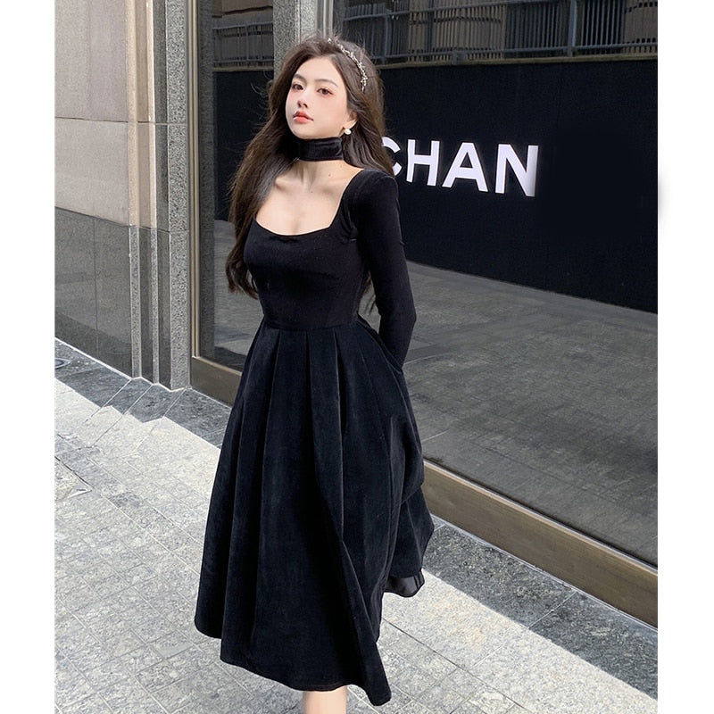 Hoobd Velvet Elegant Evening Party Midi Dresses Ladies Black France Vintage Dress Women New Winter Korean One-piece Dress Autumn