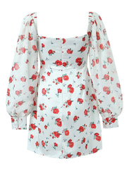 2023 Women French Style Rose Flower Print Satin Dress Vintage Puff Long Sleeve Ladies Holiday Mini Robe
