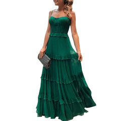 Hoobd Green Tulle Spaghetti Strap Womens Dress Elegant Party Evening Sleeveless Sexy Long Dresses Pleated Ruffles Maxi Summer Dress