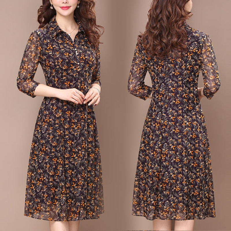 Long Sleeve Dress Women Floral Print Elegant Turndown Collar Summer Female Clothing Slim All-match Casual Button Midi Dress Robe