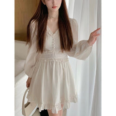 French Elegant Mini Dress Women Solid Basic Sweet Vintage Chiffon Dress Office Lady One Piece Dress Korean Solid 2023 Spring