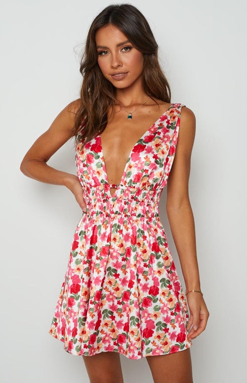 Hoobd New Backless Sexy Women Mini Dress Sleeveless V Neck Backless Flower Print Summer Club Party Dress Sundress Streetwear S M L