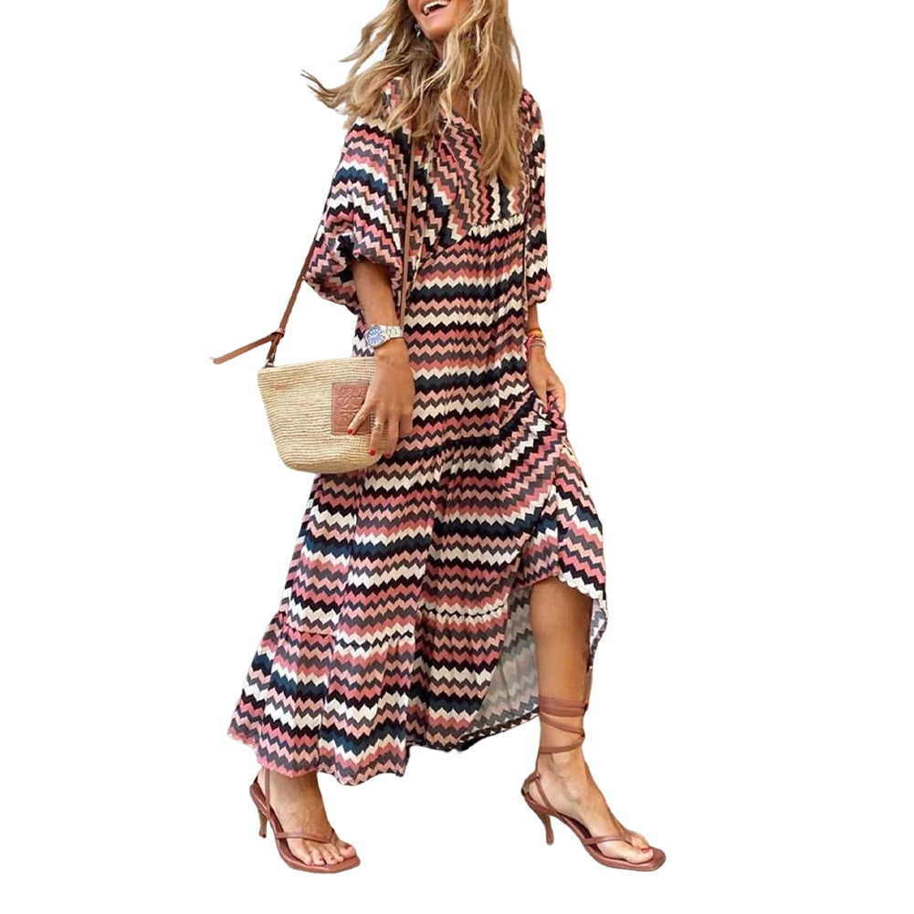 Women Vintage Bohemian Printing Beach Dress Fashion Bubble Sleeves V-Neck Long Dress Spring Summer Female Casual Loose Dresses