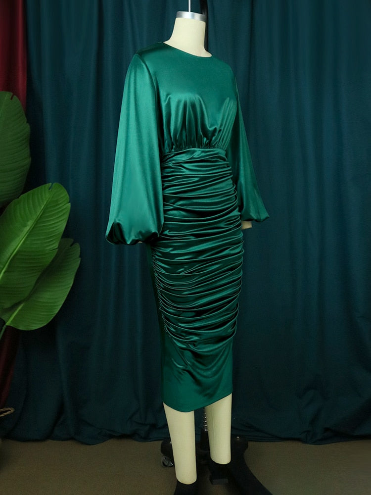 Hoobd Long Sleeve Green Dresses Bodycon Elastic Satin Smocked Midi Dress Elegant Big Size Shiny Evening Christmas Party Church Outfits